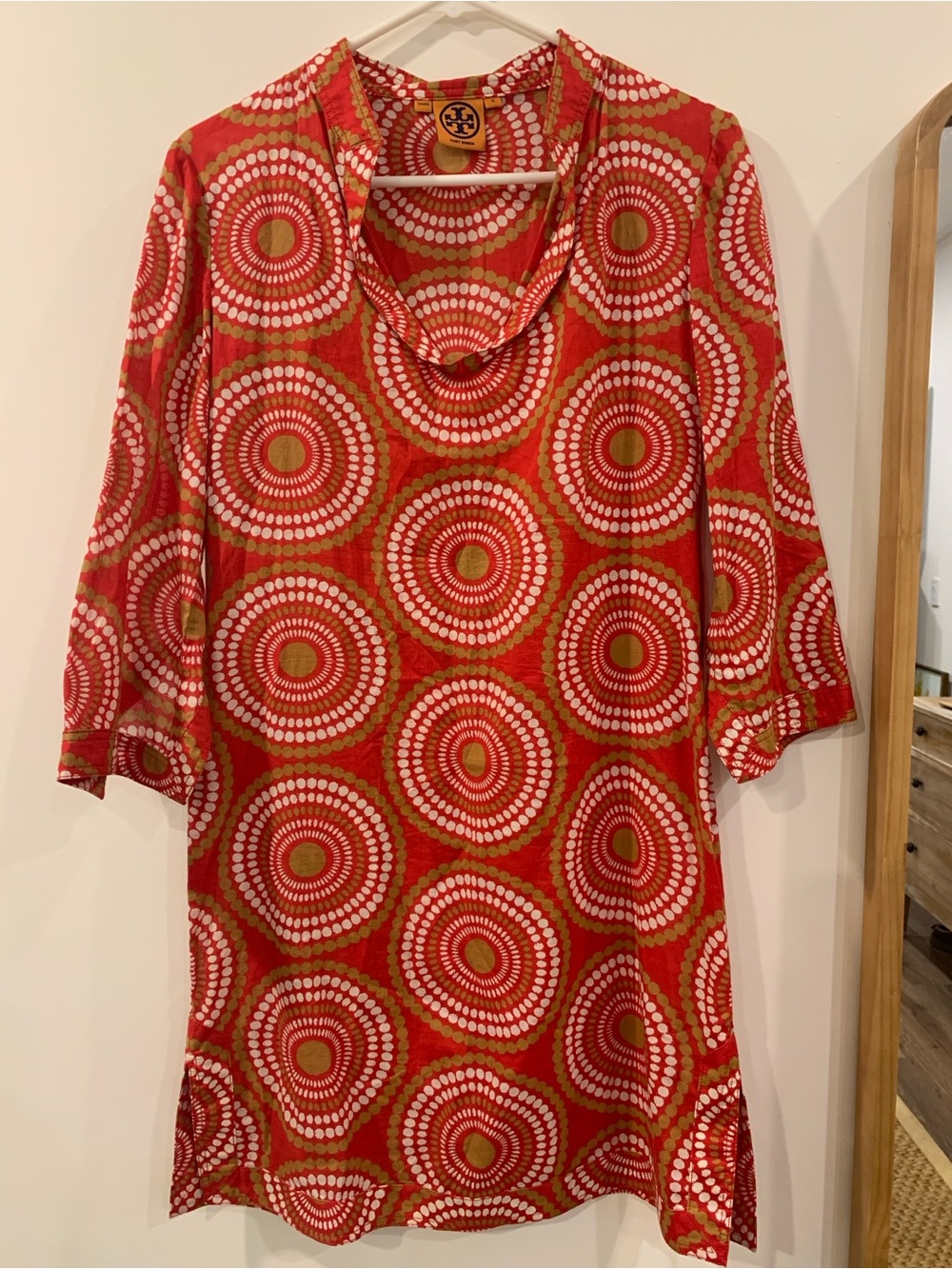 Tory Burch Red and White Circular Print Cowl Neck Tunic